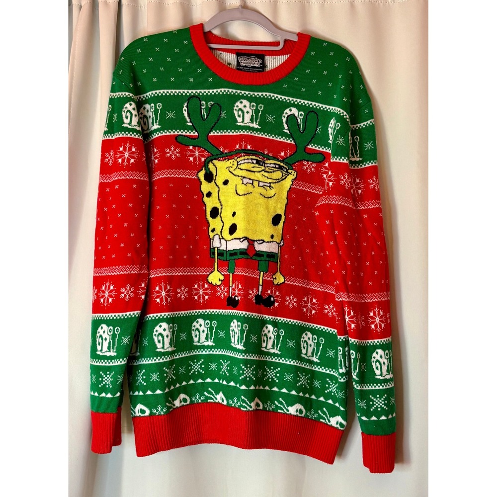 SpongeBob SquarePants Reindeer Ugly Christmas Sweater Mens Large Red Green Gary